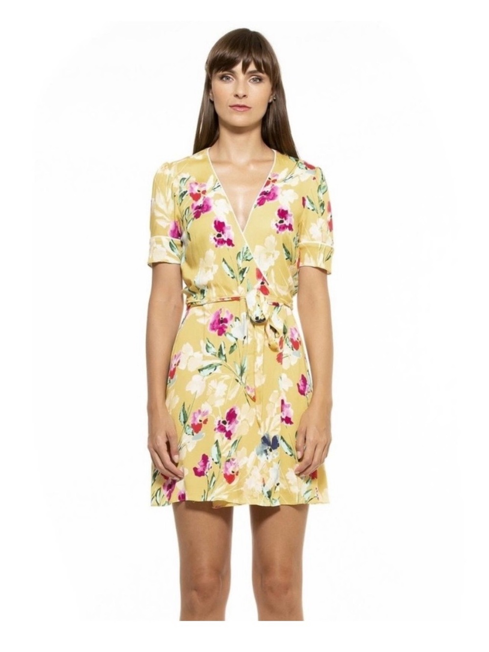 Alexia Admor Yellow Floral Wrap Mini Dress